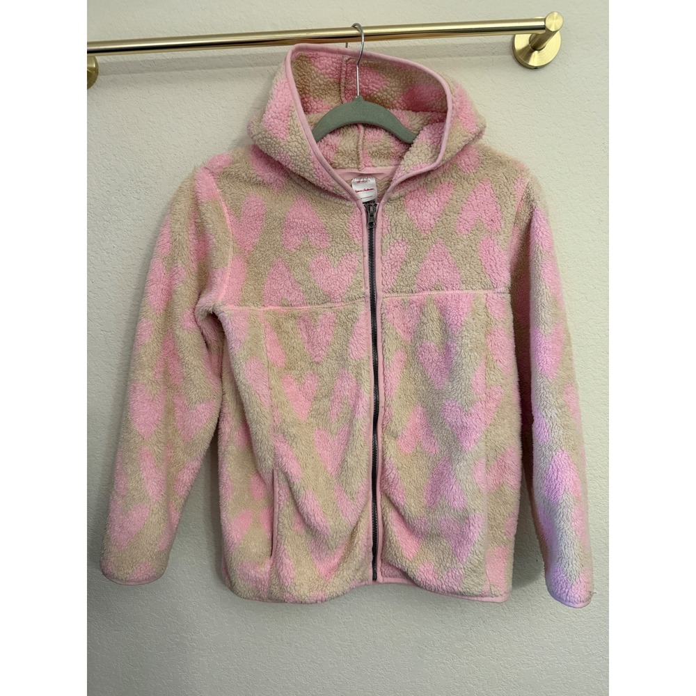 Hanna Andersson Kids Pink Heart Sherpa Fleece Zip Hoodie Jacket Size 12‎ 150